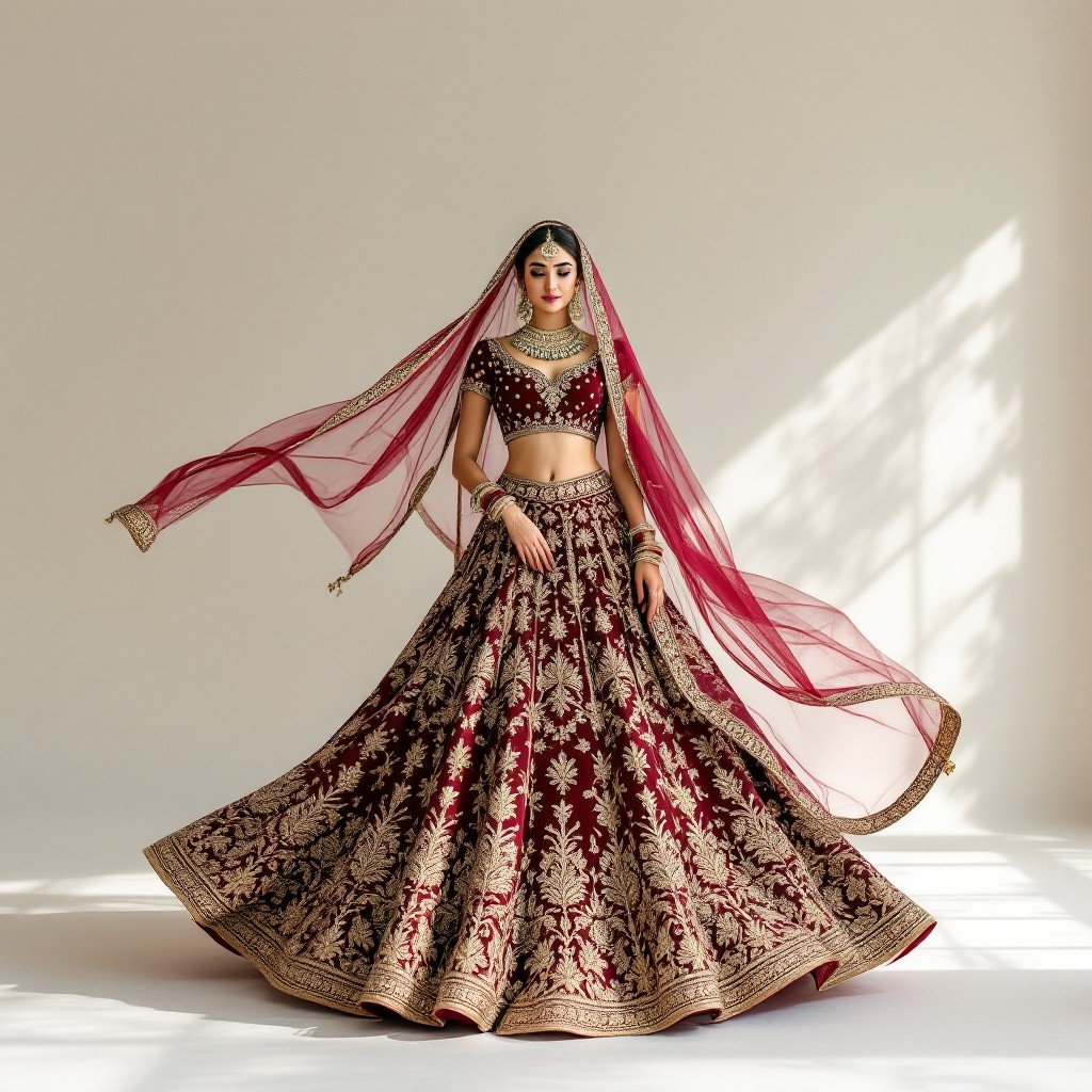 Bridal lehenga in rich burgundy with gold embroidery and intricate beadwork, featuring flowing fabric that exudes royal elegance and timeless charm.